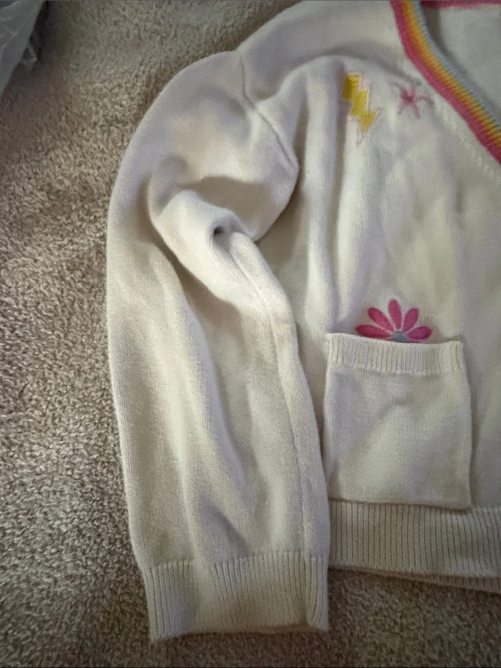 GAP Cream Cardigan with Rainbow Trim and Colorful Embroidered Accents